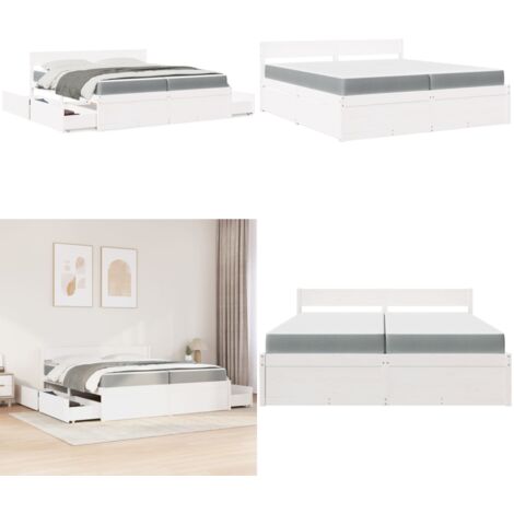 Bett mit Schubladen und Matratze Weiß 200x200 cm Massivholz ...