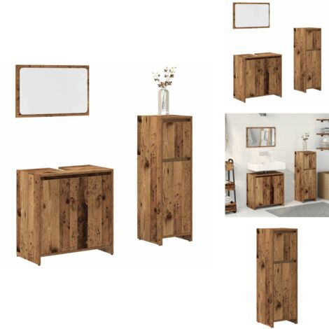 VidaXL 3-teiliges Badmöbel-Set In Altholz-Optik - Badezimmerschrank Mit Spiegelschrank