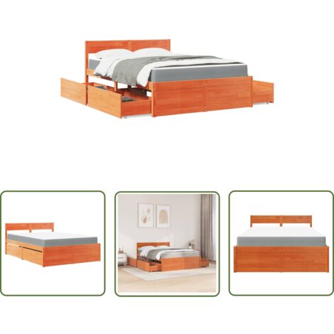 The Living Store Bett mit Schubladen und Matratze Wachsbraun 120x190 Massivholz - Schlafzimmermöbel - Holzbetten - Doppelbett - Boxspringbett - Kiefernholzbett (1/5)