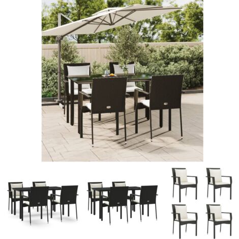 Rattanstuhl - vidaXL 5-tlg. Garten-Essgruppe mit Kissen Schwarz Poly Rattan - Gartenessplatz (1/5)