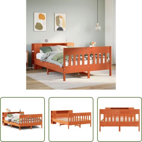 Holzbett - Massivholzbett mit Regal ohne Matratze Wachsbraun 135x190 cm (1/5)
