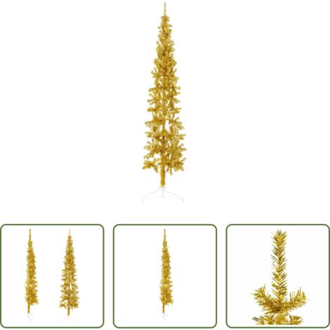 vidaXL Weihnachtsdekoration - Künstlicher Halb-Weihnachtsbaum mit Ständer Schlank Gold 210 cm (1/5)