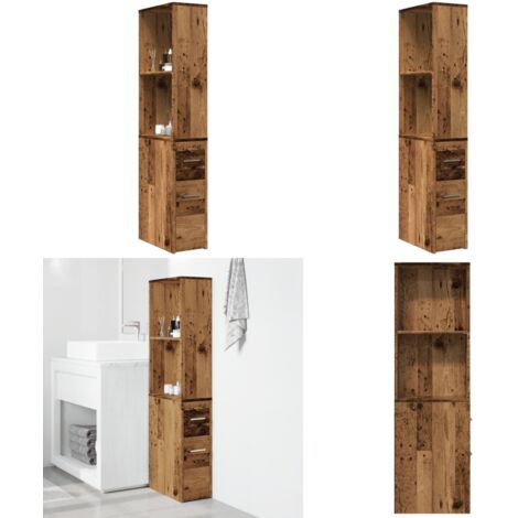Badschrank Schmal mit Rollen Altholz-Optik Holzwerkstoff - Schrank - Schubladen