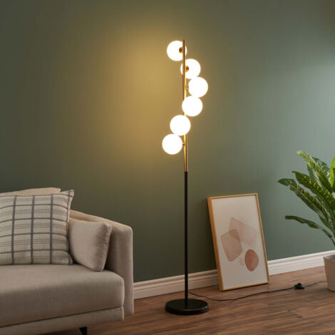 Design Stehlampe Schwarz und Messing mit weißen Kugeln -Sierra