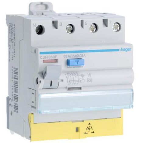 Cdh863f Hager Interrupteur Différentiel Triphasé + Neutre 63a 30ma Type Haute Immunité à Bornes Décalées