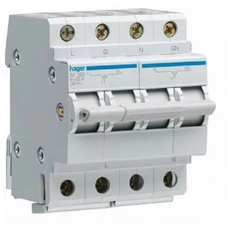 Hager – Inverseur de source monophasé 63A – 2 pôles – Tension AC 230V – Intensité max 63A – Aptitude au sectionnement