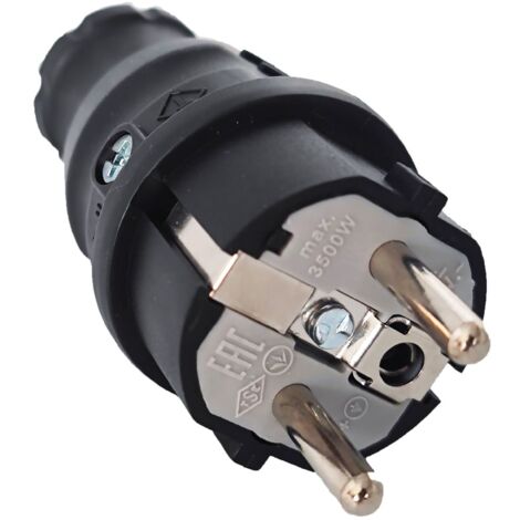 Fiche mâle Schuko en caoutchouc 2P+T 16A étanche IP44 – Contacts en alliage cuivre-zinc – Résistance mécanique IK08 – Pour environnements humides