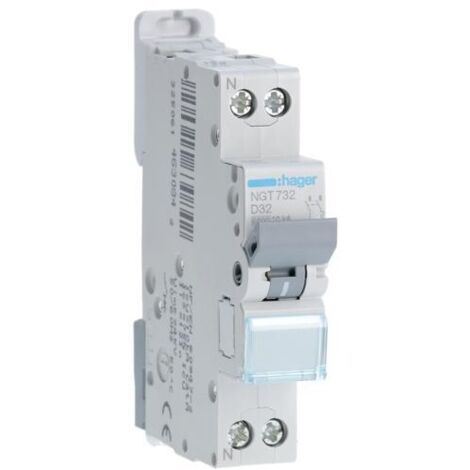 Hager – Disjoncteur unipolaire 32A – Courbe D – Pouvoir de coupure 10kA – Bornes décalées à vis – 1 module – Tension 220V (1/4)