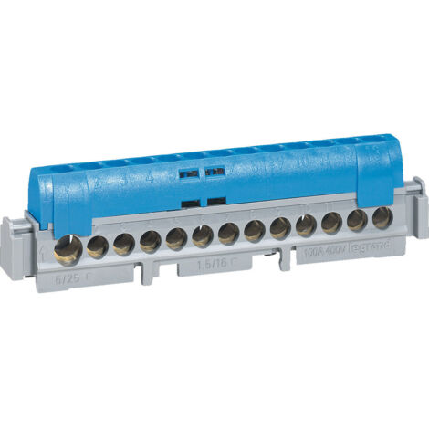 Legrand – Bornier de répartition isolé IP2X neutre 1 connexion 6mm² à 25mm² bleu longueur 141mm – 100A à 400V – 4845