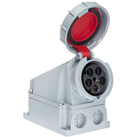 Socle de prise murale tétrapolaire 63A – 380V 3P+N+T – Étanchéité IP67 pour environnements humides – Matériau polyamide 6 sans halogène
