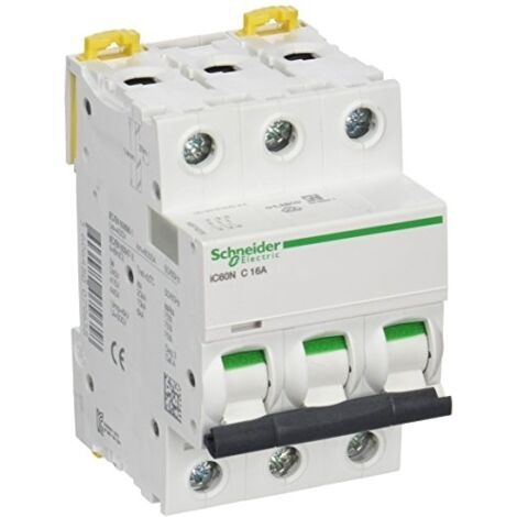 Schneider Electric – Disjoncteur tripolaire 16A – Courbe C – Tension 380V – Pouvoir de coupure 6kA – Raccordement à vis pour fils 1 à 25 mm² - iC60N (1/3)