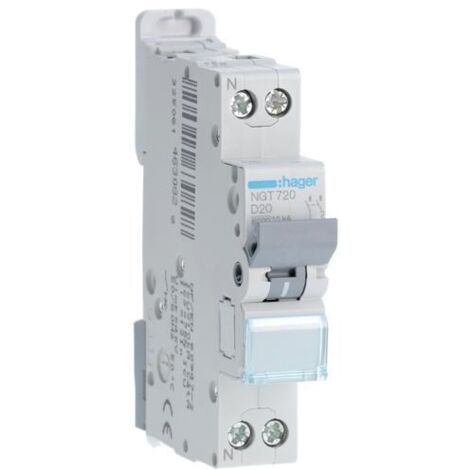 Disjoncteur 1P+N - 6-10kA - 20A - 1 module - Courbe D - NGT720 - Hager