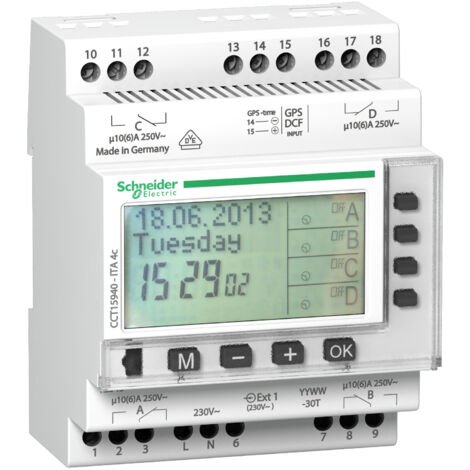 Schneider Electric – Interrupteur horaire annuel 24h/7j – 4 canaux – Programmation 300 commutations – Tension 230V AC – Précision +/- 0.5 sec/jour (1/3)