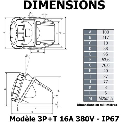 Socle de prise femelle 3P+T 16A étanche IP44 ou IP67 - Étanche IP67 ou IP44 - IP67 - Prise saillie 3P+T - 16A - 380V