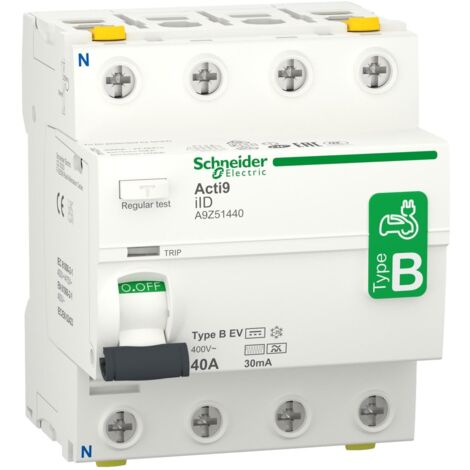 Schneider Electric – Interrupteur différentiel type B-EV 40A – Sensibilité 30mA – Tension 400V CA – Installation sur rail DIN – IP20 pour circuits de recharge EV - Acti9