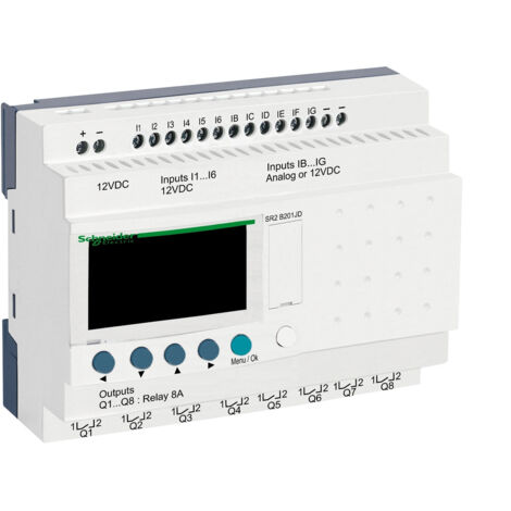 Schneider Electric – SR2B201JD – Relais intelligent 20 E/s 12V CC – Horloge et afficheur rétro-éclairé – Pour contrôle logique industriel - 12vcc
