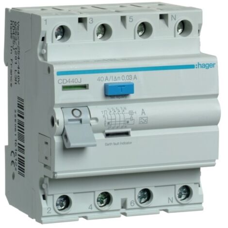 Cd440j Hager - Interrupteur Différentiel 4p 40a 30ma - Type A - Auxiliarisable - Entrée Haute / Sortie Basse