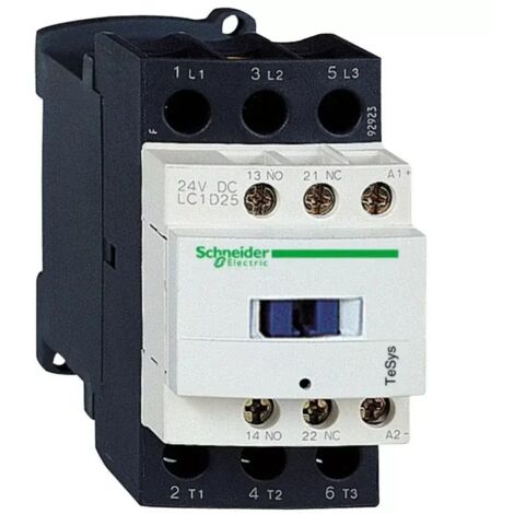 Schneider Electric – Contacteur pour tableau électrique 3P 25 A 24 V CC – Tension 440V – 5,5 kW à 220V – Durée de vie 1,65 M cycles – LC1D25BD