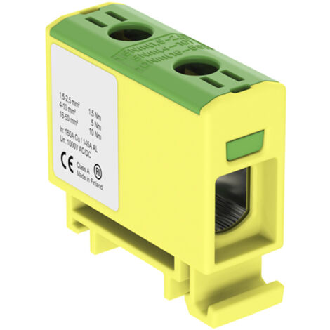 Connecteur alu cuivre vert jaune pour câble de section 1,5 à 50mm² - 1000V AC/DC - Fixation rail DIN (1/2)