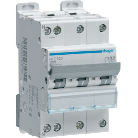 Nft840 Hager - Disjoncteur Triphasé + Neutre 40a - 6-10ka - Courbe C - 3 Modules - Nft - Bornes Décalées à Vis