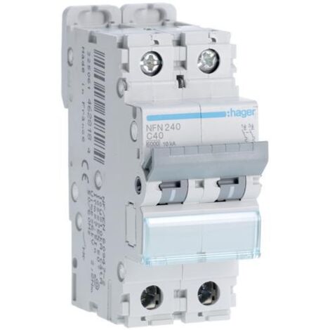 Hager – Disjoncteur bipolaire 2 Pôles 10kA courbe C 40A – Pouvoir de coupure 6kA à 400V – Installation encastrée – IP20