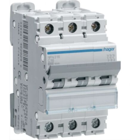 Disjoncteur 3 POLES 10kA courbe C 16A 3 modules HAGER NFN316 (1/2)