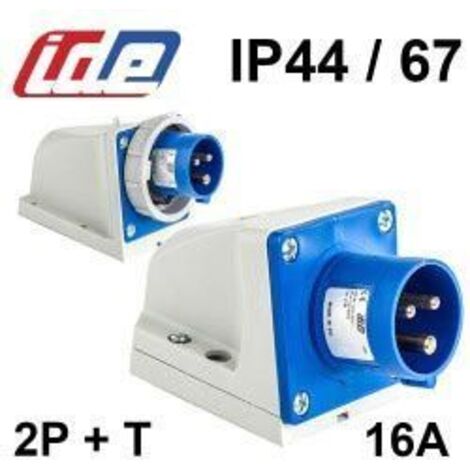 Socle mâle CEE 16A 2P+T 220V – Étanche IP44 pour environnements humides – Raccordement par borne à vis – Prise professionnelle (1/2)