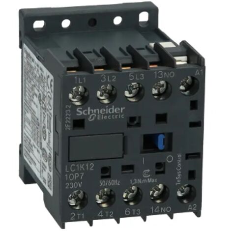 Schneider Electric – Contacteur pour tableau électrique 3 pôles AC3 440V 12A – Bobine 230VCA – Indice de protection IP2X – Compatible AC-1, AC-3, AC-4 - LC1K1210P7