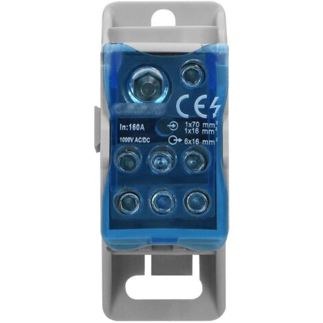 Répartiteur unipolaire 160A 1000V – 2 entrées 70mm² + 16mm² – 6 départs 16mm² – Courant de court-circuit 11,8kA – Orno