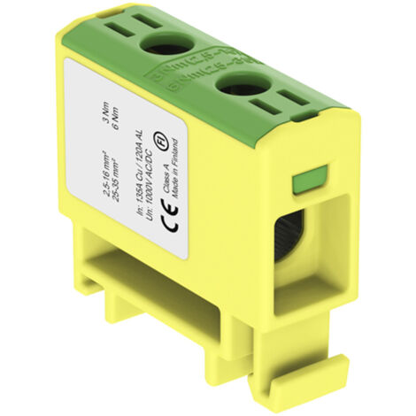 Connecteur alu cuivre vert jaune pour câble de section 2,5 à 35mm² - 1000V AC/DC - Fixation rail DIN