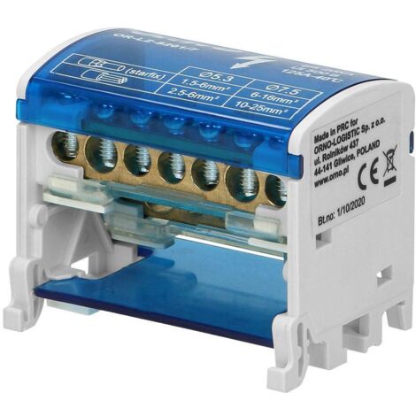 Bloc de distribution 2 rangées 7 fils – Répartiteur sur rail DIN – Bornes laiton 5 x 1,5-6mm² – Dimensions 65x42x50mm – Orno (1/5)