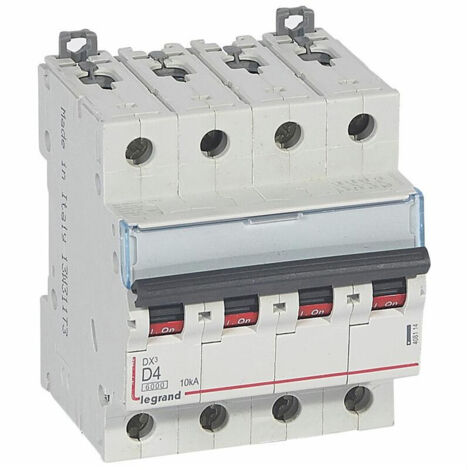 Disjoncteur DX6000 10kA arrivée haute et départ bas à vis 4P 400~ 4A courbe D pour peigne HX traditionnel (408114)