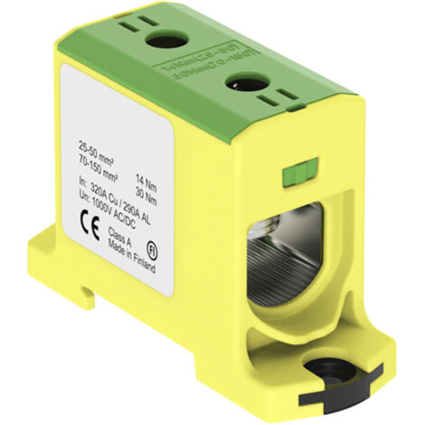 Connecteur alu cuivre vert jaune pour câble de section 25 à 150mm² - 1000V AC/DC - Fixation rail DIN (1/2)