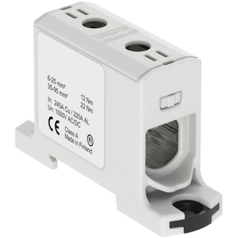 Connecteur alu cuivre gris pour câble de section 6 à 95mm² - 1000V AC/DC - Fixation rail DIN (1/2)