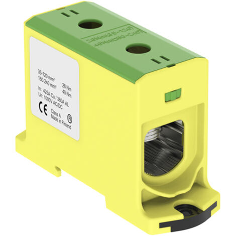 Connecteur alu cuivre vert jaune pour câble de section 35 à 240mm² - 1000V AC/DC - Fixation rail DIN (1/2)