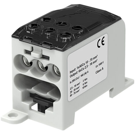 Bloc de distribution alu cuivre noire - 1 entrée 70mm² - 6 sorties 2,5 à 16mm² - 1000V AC/DC