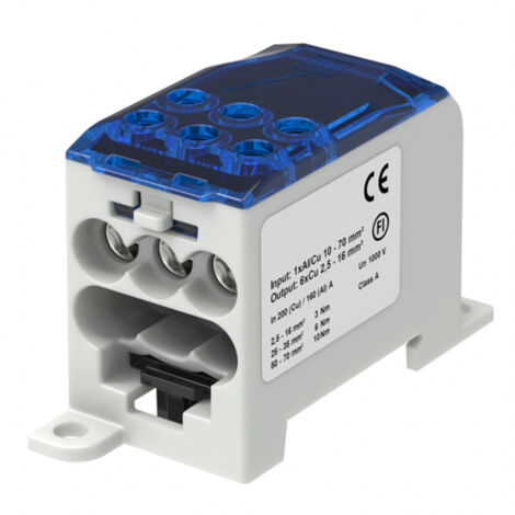 Bloc de distribution alu cuivre bleue - 1 entrée 70mm² - 6 sorties 2,5 à 16mm² - 1000V AC/DC
