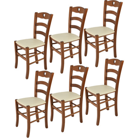 Tommychairs 6 Sillas Cuore en haya color nuez claro, asiento polipiel marfil