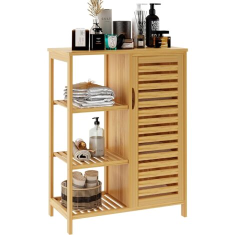 Soges Armadietto da Bagno con Ante e Ripiani, Organizzatore per Armadietto da Terra, Armadietto in Bambù a 3 Livelli per Cucina, Soggiorno, Bagno