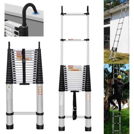 Échelle télescopique aluminium 6,2 m – Charge max 150 kg – Crochets amovibles pour fixation sécurisée – 15 marches, certifiée EN131