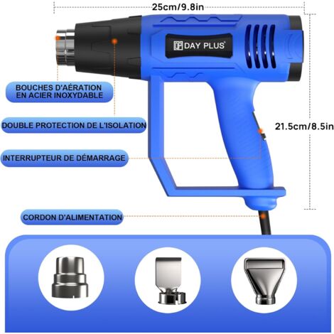 2000W Pistolet à Air Chaud,Pistolet à Air Chaud Avec 350℃- 600℃ Deux Températures Réglables Avec 3 Buses Pour Rétrécir Le Pvc Peindre La Peinture Pistolet à Chaleur Électrique Professionnel