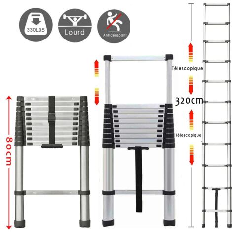 Échelle télescopique 3,2m Echelle Pliante Acier Inoxydable avec Le mécanisme de rétraction, Charge Maximale 150kg, Sûre et Solide, Extensible Ladder (en131)