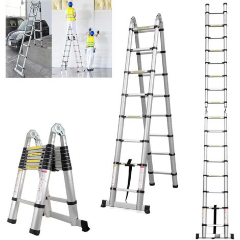 Échelle télescopique de 5 m avec stabilisateur, 2,5 m + 2,5 m, portable, multifonction, avec pieds en caoutchouc antidérapants, extensible, pliable, en acier inoxydable, 150 kg, pour le jardin et
