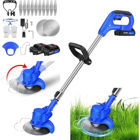 Debroussailleuse Electrique sans Fil, Coupe Bordure avec 2 Batterie et Chargeur, Coupe-Herbe de Jardin Coupe Bordure sans Fil avec 2 Types de Lames pour la Coupe de Jardin Pelouses et Terres Agricoles