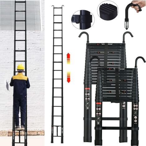 Échelle télescopique de 6,2 m/20.3FT avec crochet de toit amovible - Échelle noire pliante - En aluminium - Capacité de 150kg/330 lbs - Certifié EN131