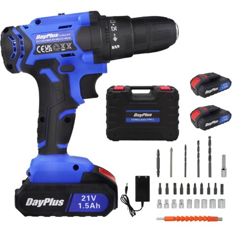 Perceuse Visseuse Sans Fil 21V, Perceuse Electrique avec LED Lampe, 25+1 Réglage du Couple, Couple Max 450N.m, 2 X 1.5Ah Rechargeable Batterie, 2 Vitesses Pour Percer Murs, Briques, Bois, Métal (1/5)