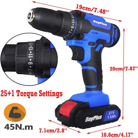 DayPlus Perceuse Visseuse Sans Fil 21V, Visseuse Devisseuse Sans Fil avec Batterie, 45Nm Perceuse Électrique, 25+1 Réglages de Couple  1420