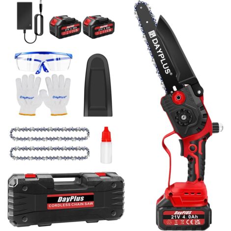 Mini Tronçonneuse Électrique Sans Fil de 8 Pouces avec 2 Batteries, 2 Chaînes et Mallette de Transport, Tronçonneuse Portable à Batterie pour Jardin, Cour, Branches d'Arbres et Coupe de Bois, Rouge (1/5)