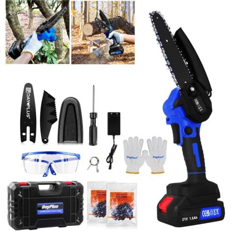 Mini Tronçonneuse Sans Fil 6 pouces, Petites Tronçonneuses Électriques, Scies à Chaîne à Piles À Main pour La Coupe du Bois, la Coupe des Branches d'Arbres, le Jardinage, avec 2 Piles, 2 Chaînes, Verr