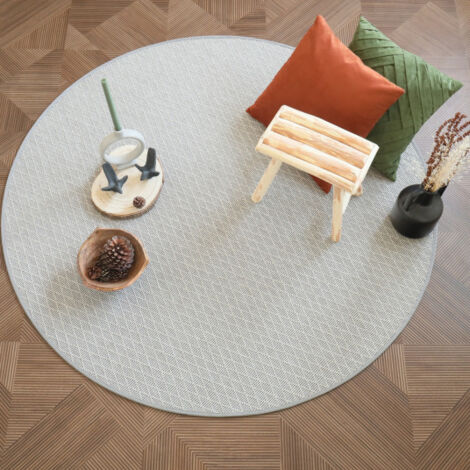 Tapis rond intérieur / extérieur - Timika blanc craie - Galon gris - Ø 250 cm